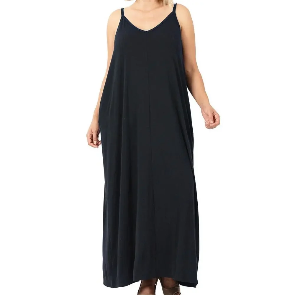 🔥SALE🔥 Zenana Black V-neck Cami Maxi Dress 1X comfy shift pockets adjustable - Picture 16 of 16